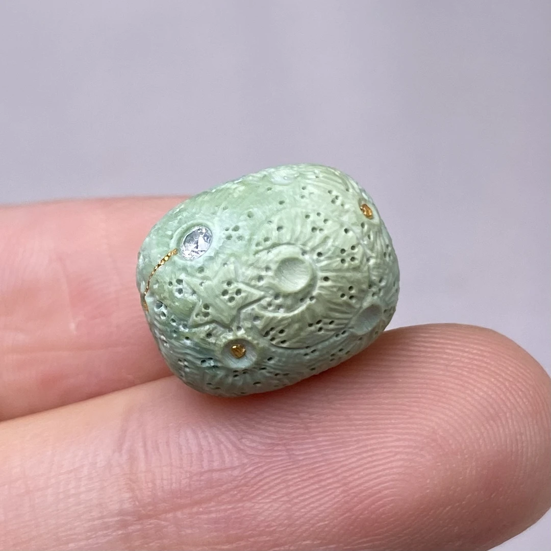 绿松石菜籽黄老型珠桶珠雕刻顶珠星球珠陨石坑尺寸11.6x14.2mm3克