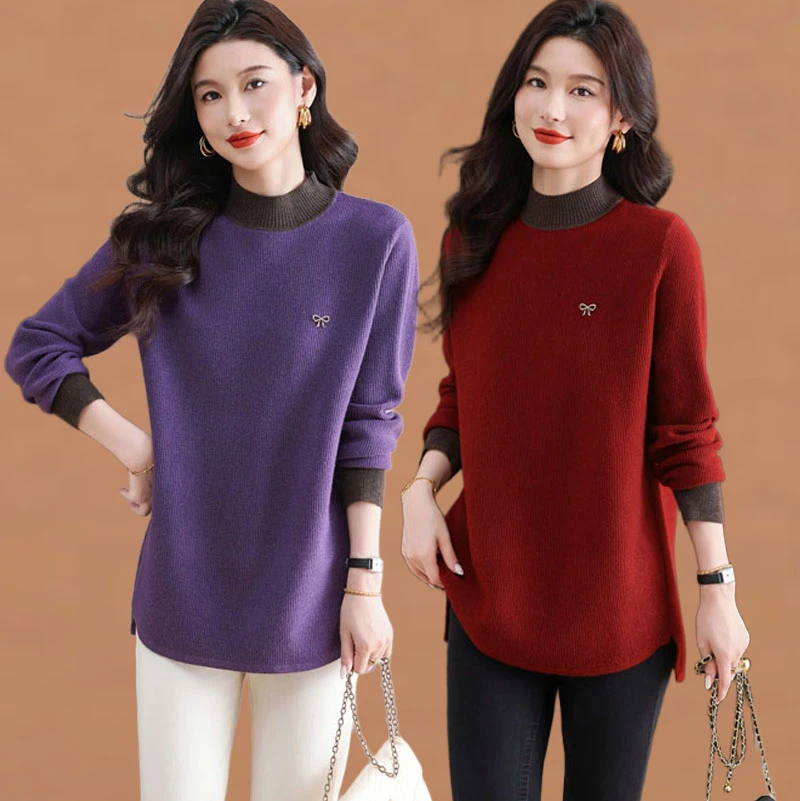 时髦休闲针织打底衫女内搭秋冬季2025新款洋气拼色半高领加厚毛衣