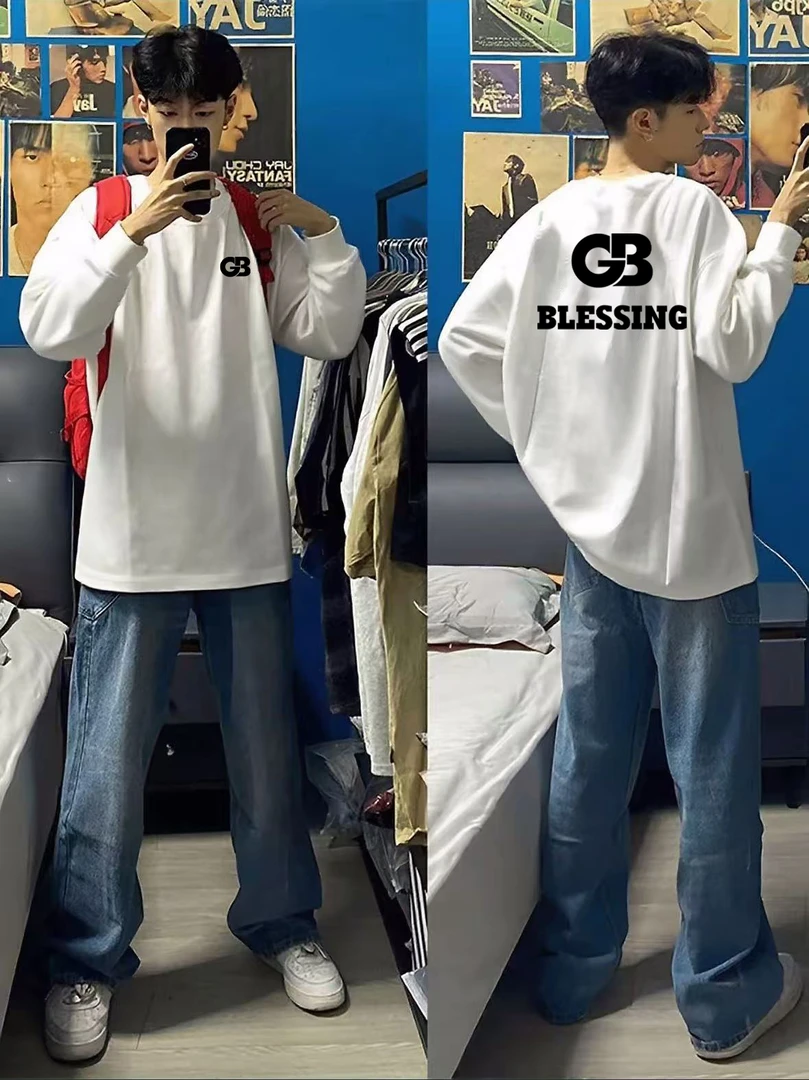 男纯棉长袖t恤春秋新款百搭休闲美式宽松轻奢潮流痞帅圆领长袖T恤