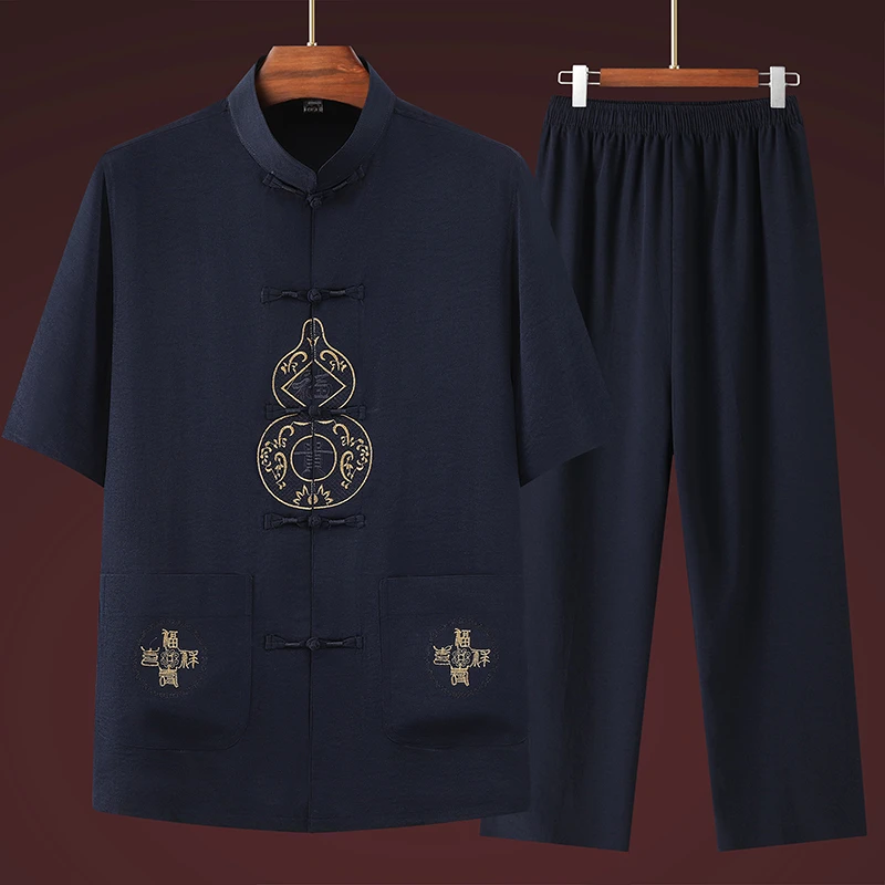 唐装中老年人男装爸爸装夏装新款中国风宽松薄款短袖经典汉服套装