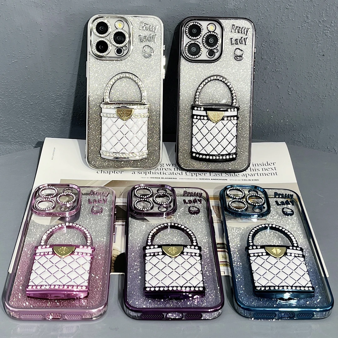 适用苹果16手机壳水钻闪粉iPhone15promax小香风补妆镜支架14软壳