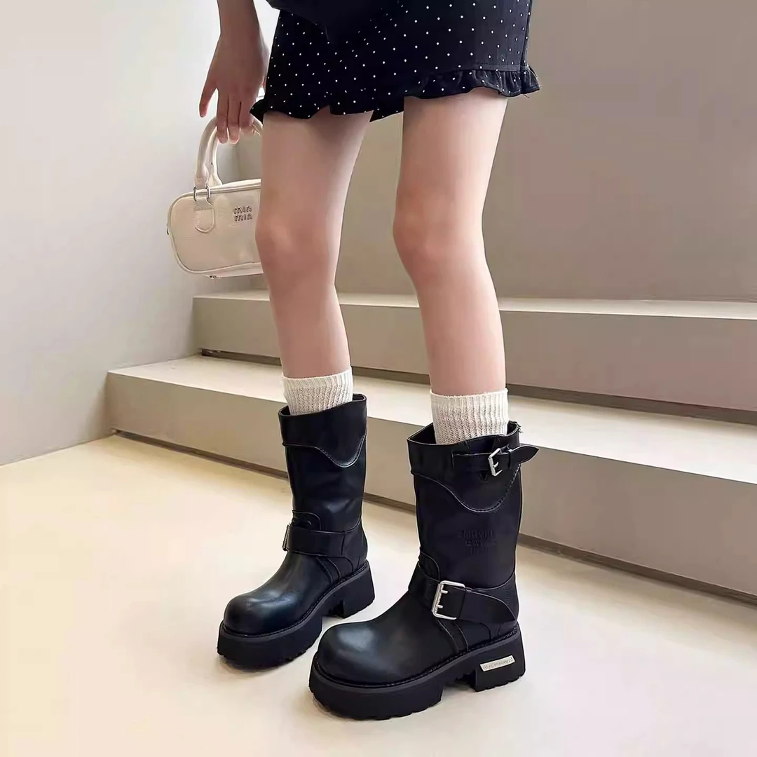 欧美风辣妹真皮厚底中筒靴2025毒液马丁靴女皮带扣短靴西部牛仔靴