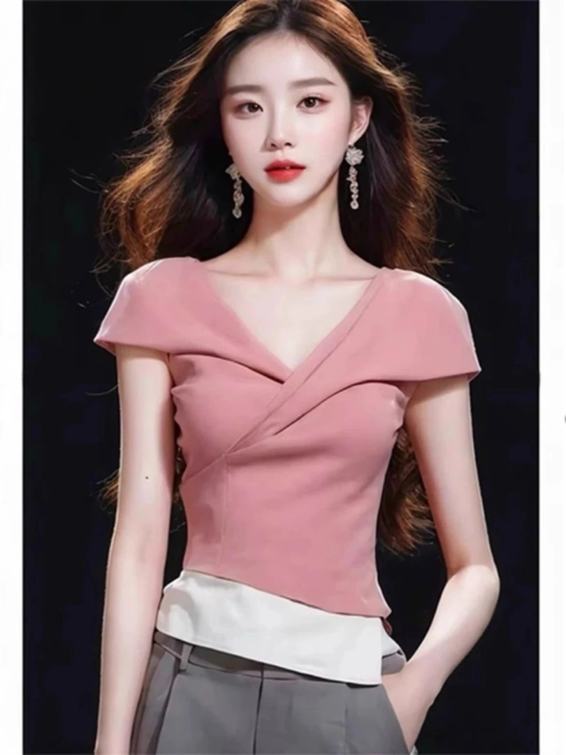 粉色假两件短袖t恤女2025夏季新款洋气独特别致冷淡系高级感上衣