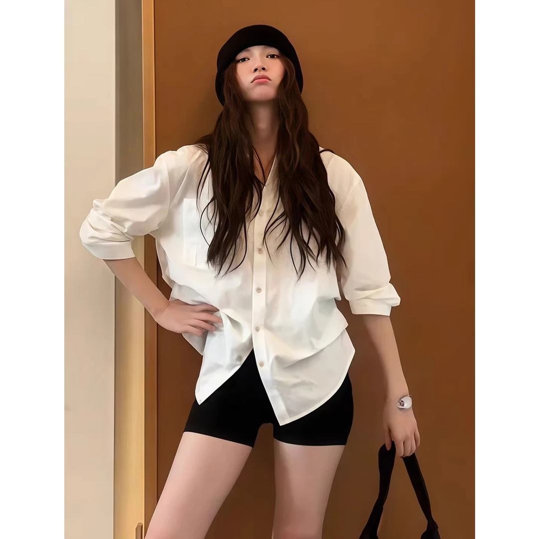 休闲风简约通勤白色衬衫女2025早秋新款慵懒宽松衬衣百搭女装上衣