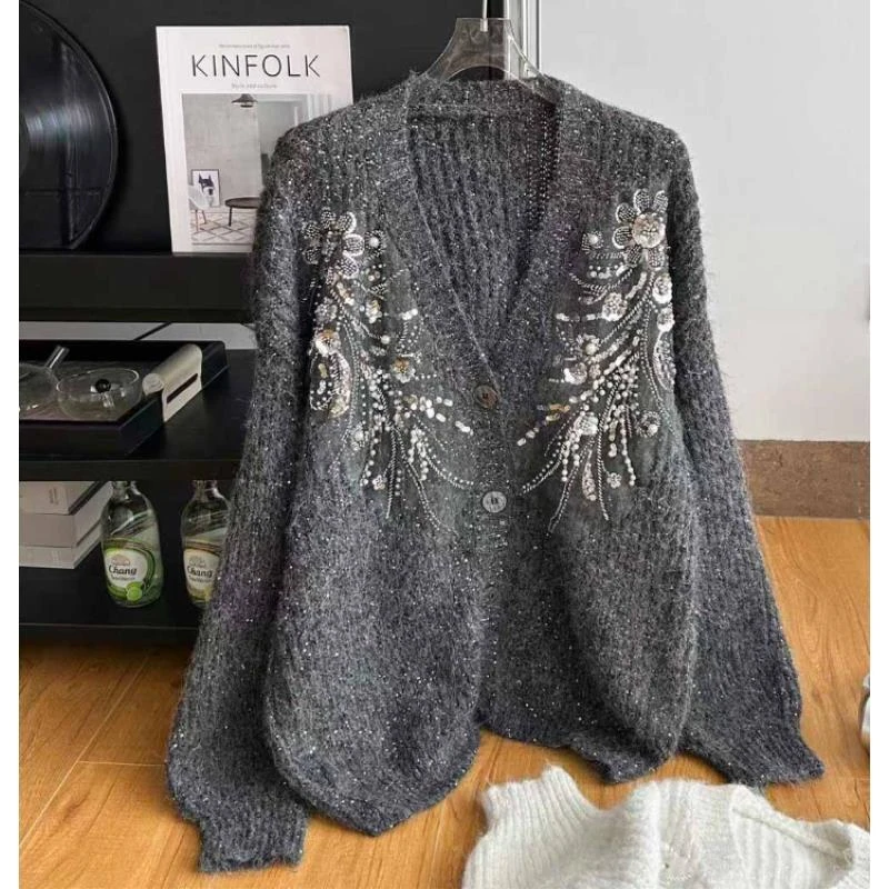 S重工亮片钉珠设计感毛衣外套针织开衫宽松5464