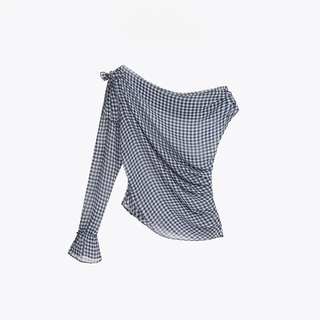 FORNIMY 窗格背心 法式女人味气质不规则抽褶无袖荡领格纹背心