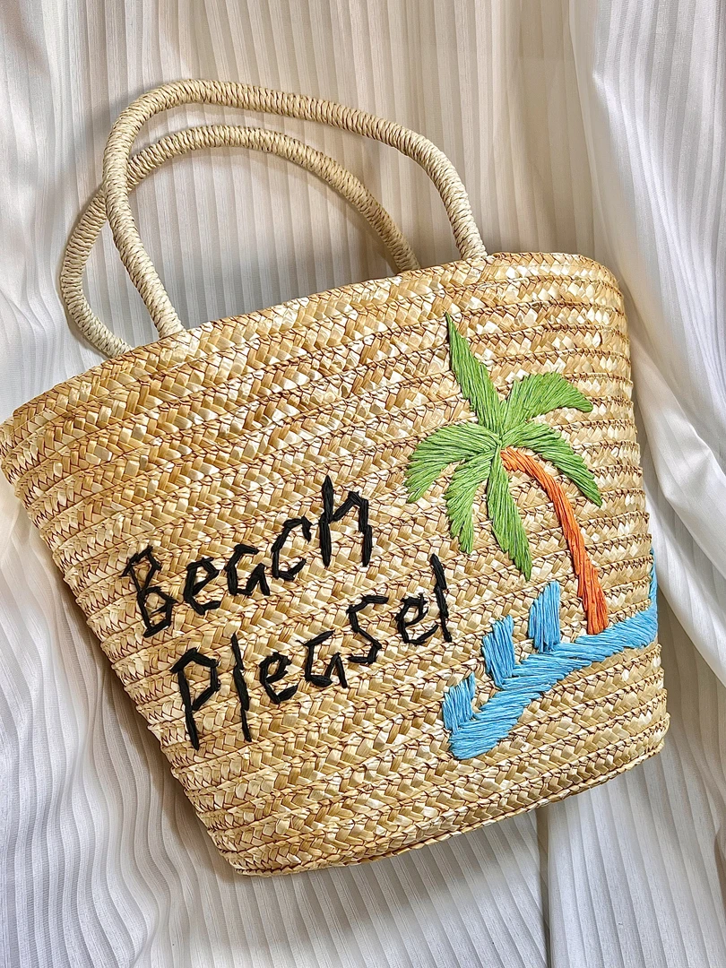 ins风麦秆手工字母小椰树度假沙滩风草编包小包包手拎包编织包