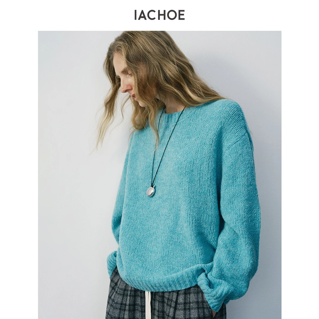 IACHOE蒂芙尼蓝套头圆领厚实毛衣3661505009
