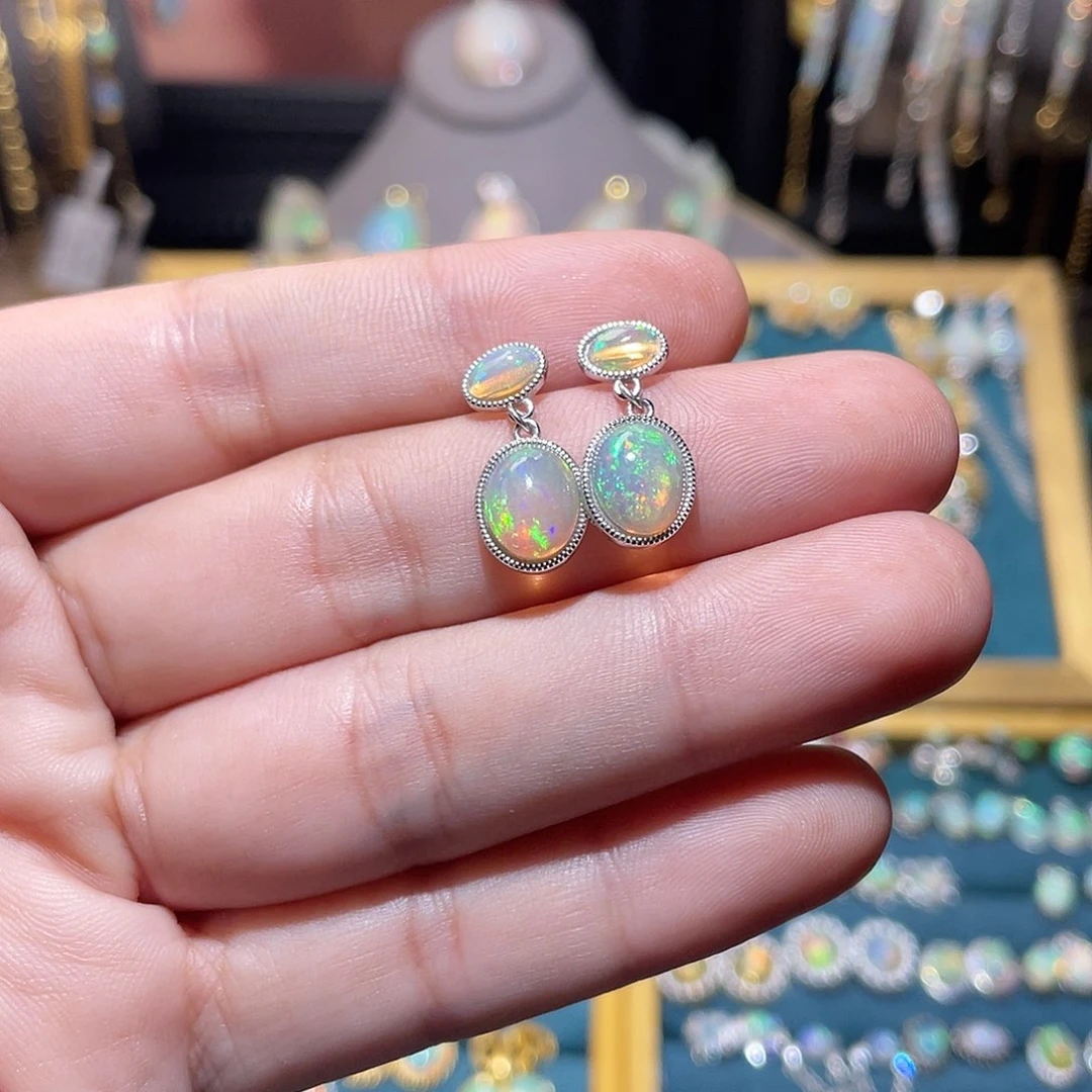 银S925镶嵌欧泊耳钉甜*