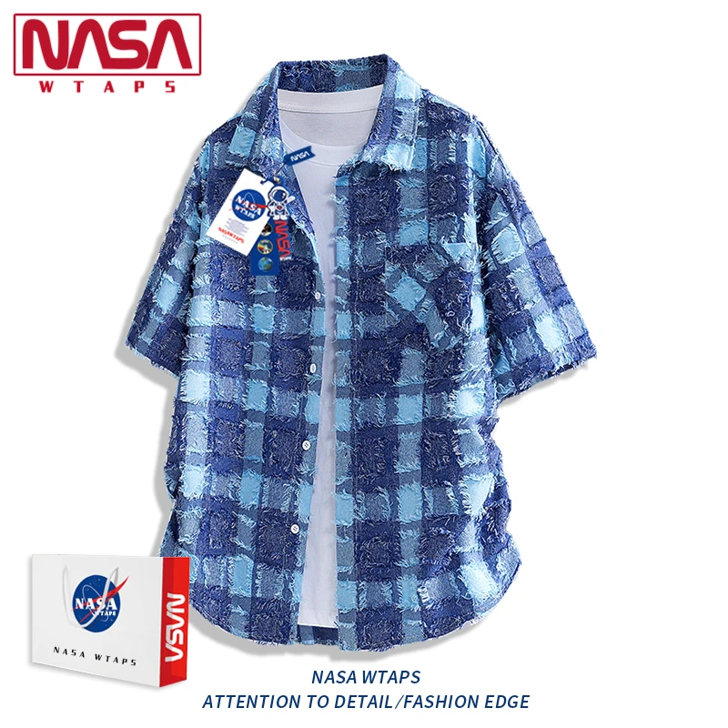 NASA WTAPS流苏格纹短袖衬衫男士夏季美式复古潮流小香风衬衣服男