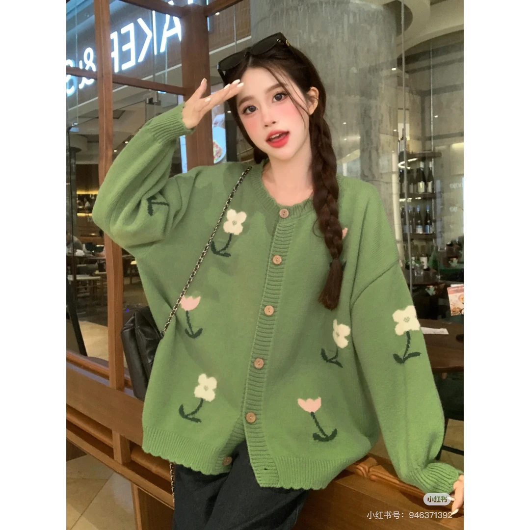 【鳗鱼饭】微胖秋冬新款韩版刺绣花朵别致宽松慵懒风毛衣外套女开衫