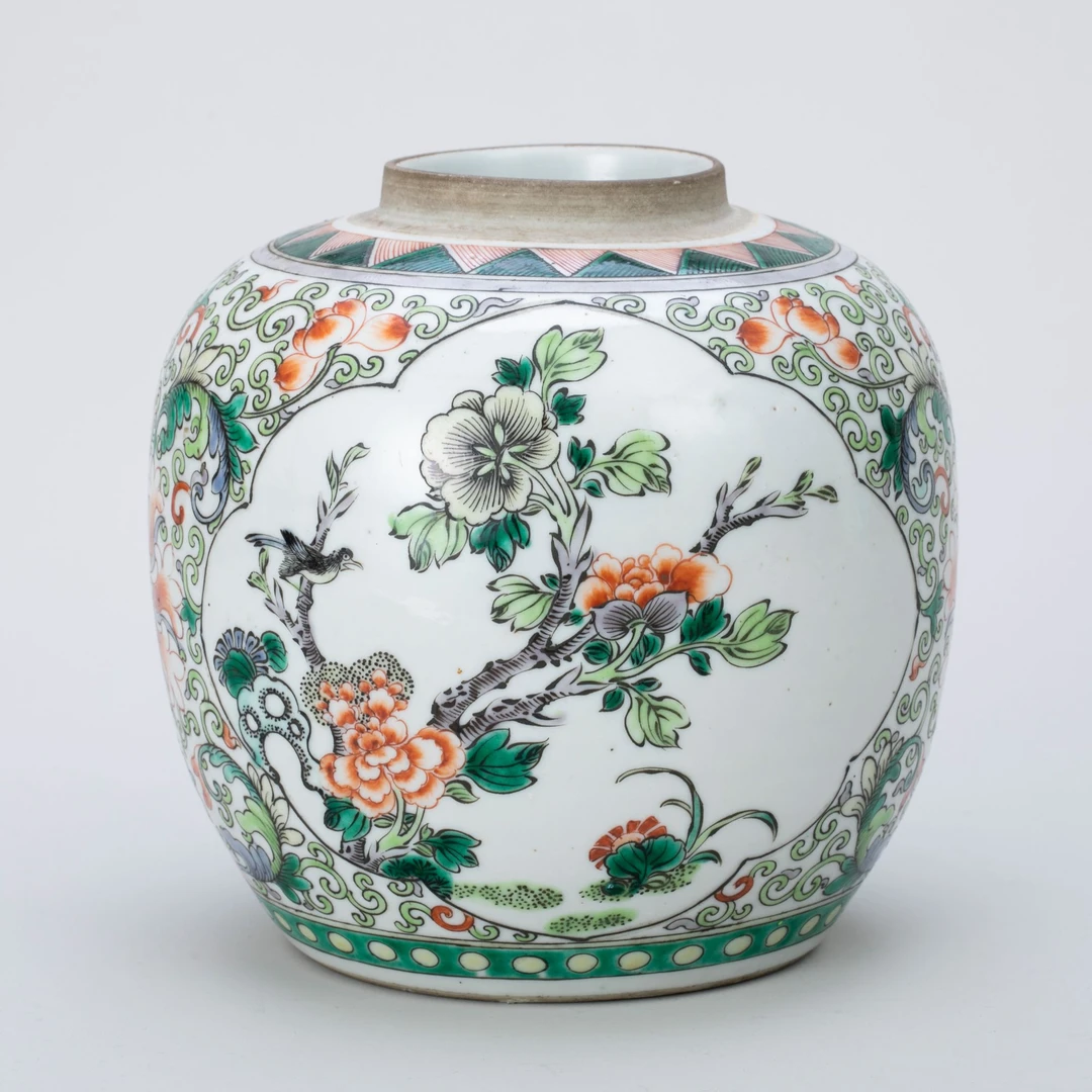 【古董】3、民国  五彩花卉开光牡丹花鸟图罐