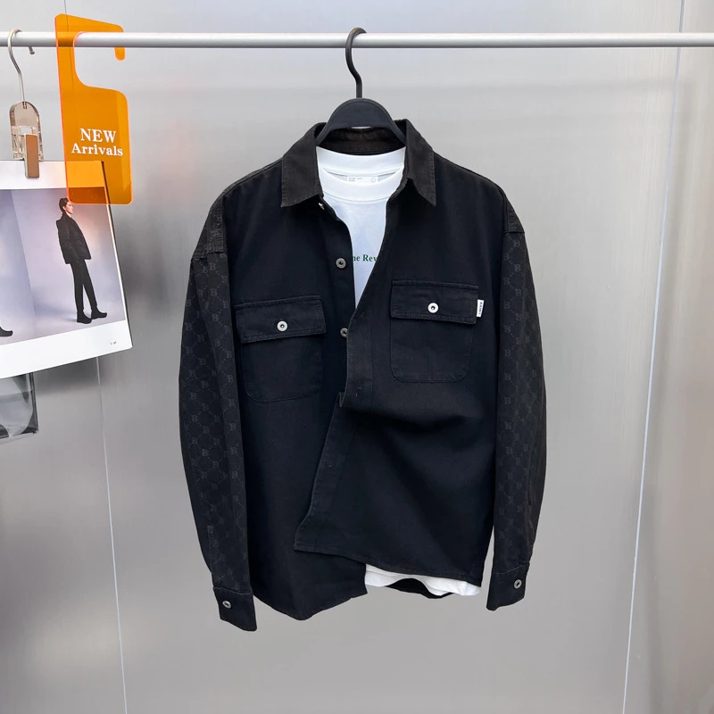 牛仔常规款衬衫宽松休闲男士男潮流秋季水洗黑色时尚百搭外套上衣