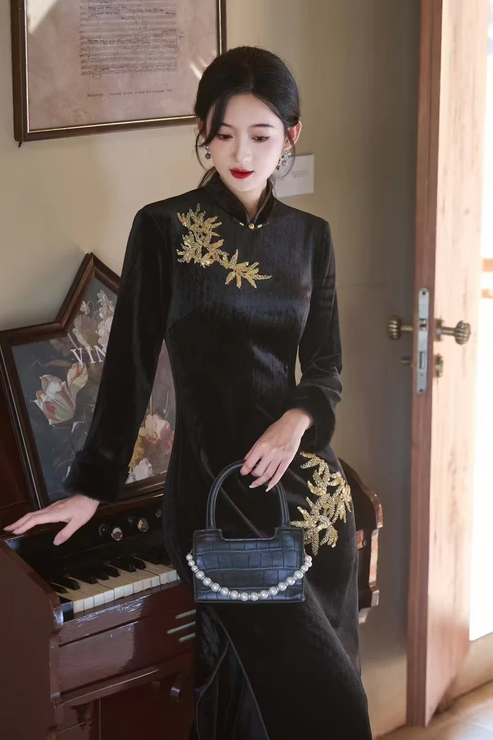 风华《绒金》冬款长袖旗袍亮片竹叶中长裙复古网红中国风气质显瘦