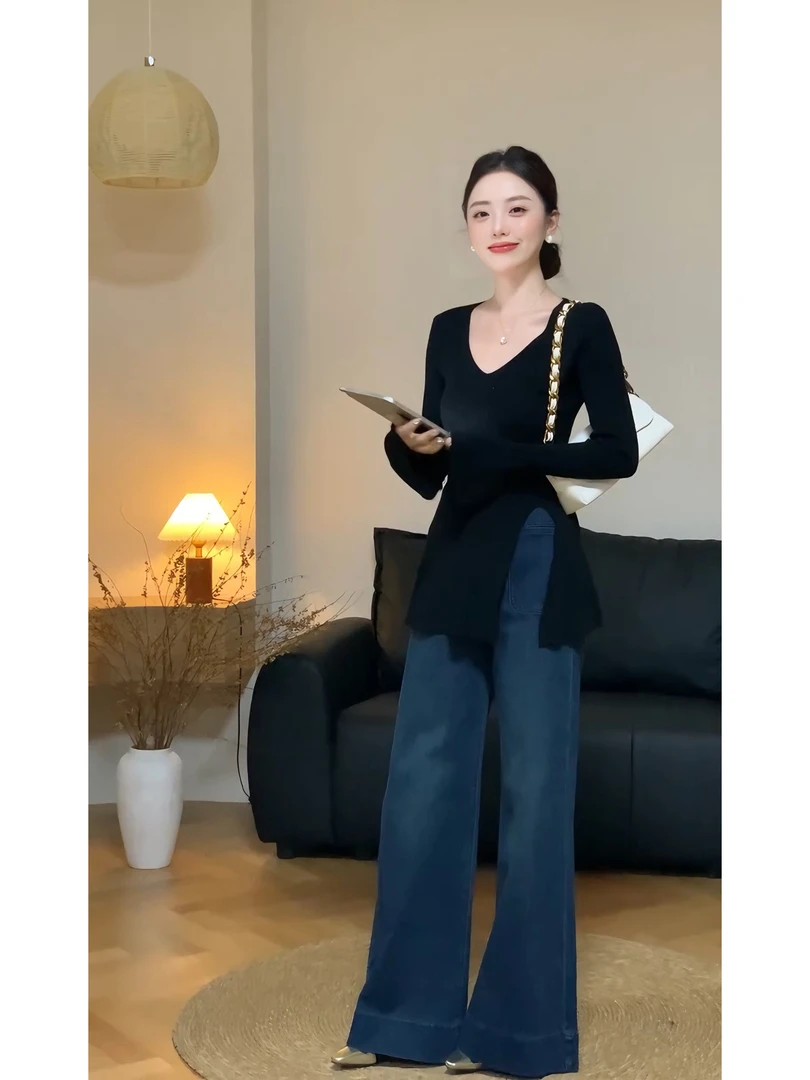 2025秋季新款轻熟风穿搭黑色长袖开叉上衣高腰牛仔阔腿裤时尚套装