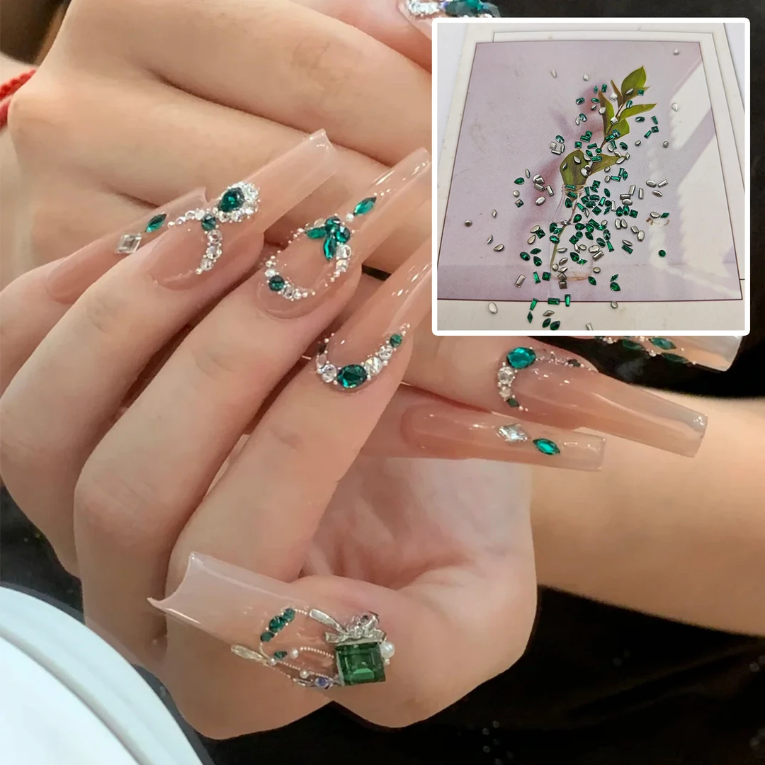 新款迷你祖母绿倒边平底锆石美甲钻奢华超闪饰品混装指甲配饰用品