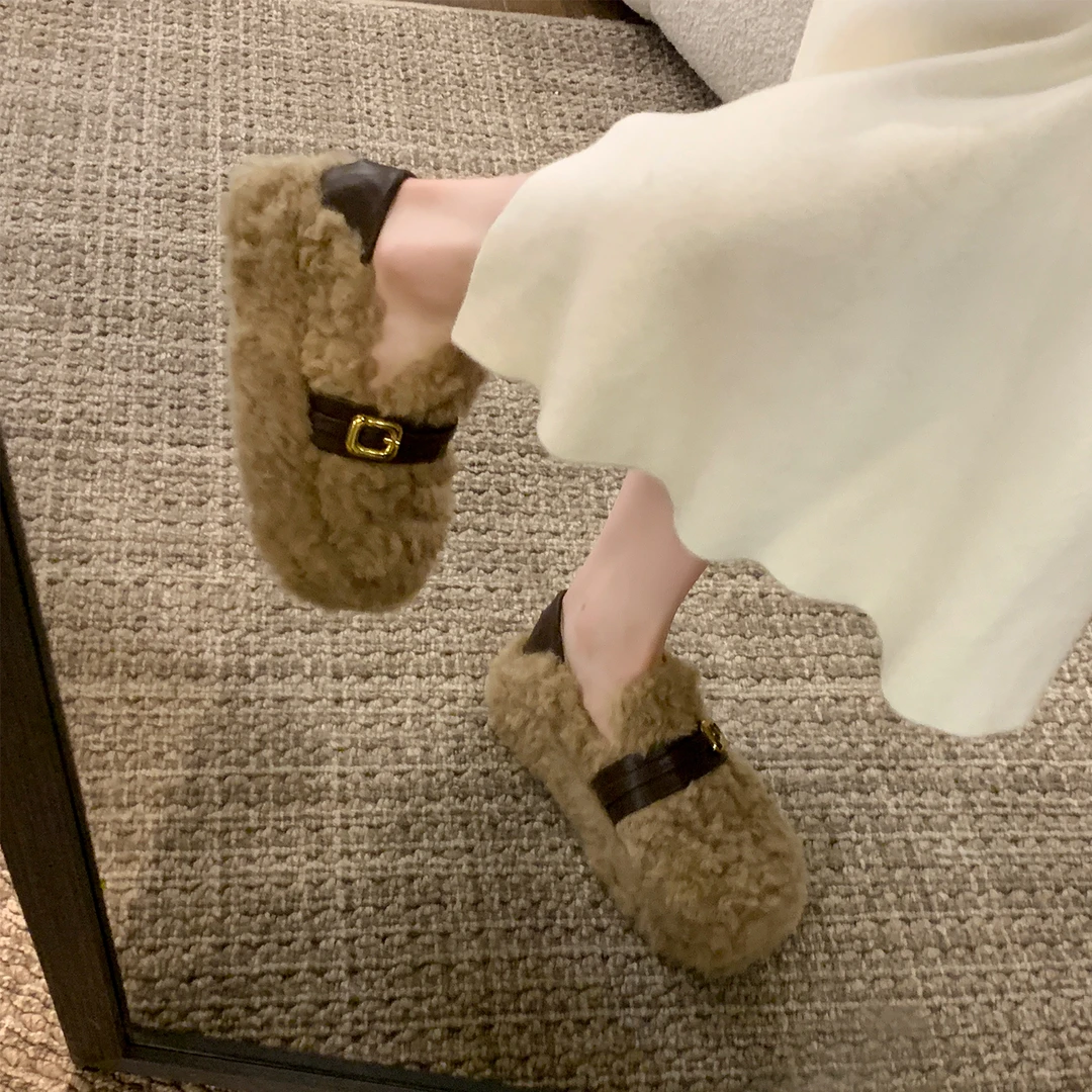 两穿毛毛鞋女2025年新款秋冬季厚底增高皮带扣加绒保暖一脚蹬棉鞋