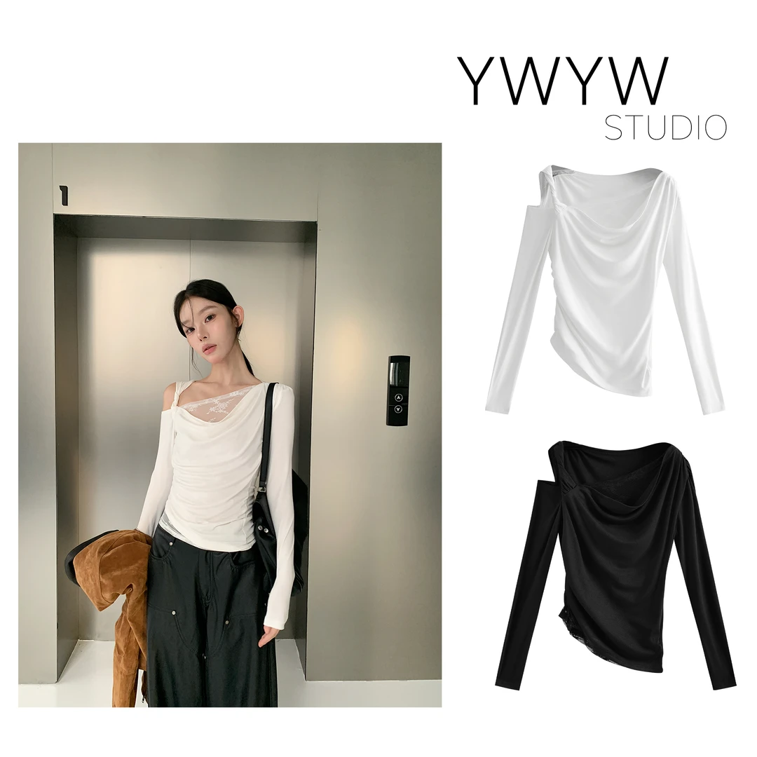 【YWYW25F/W】麻花斜肩蕾丝锁骨荡领纯色长袖内搭打底针织衫5510