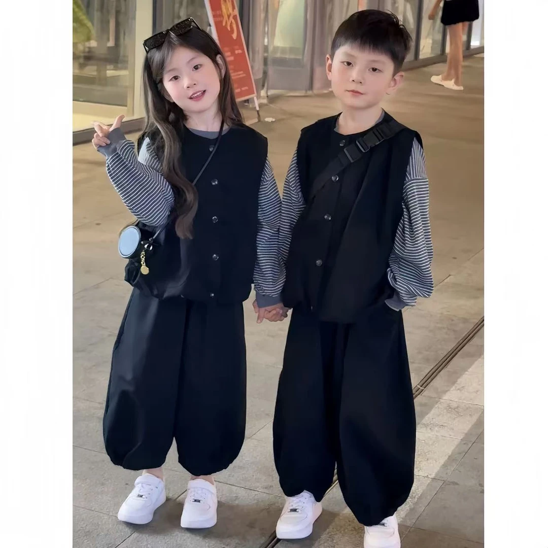 兄妹装秋季套装2025新款男女童洋气时尚马甲坎肩打底休闲束脚裤潮