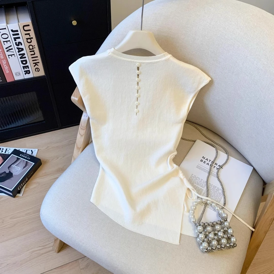 设计感后背镂空无袖针织衫女夏季韩系不规则抽绳收腰气质漂亮上衣