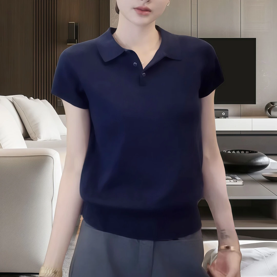 小翻领短袖套衫毛衣针织时尚休闲POLO上衣气质洋气高档短袖内搭女