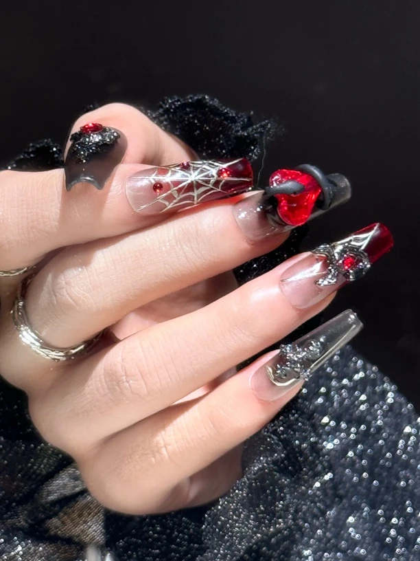 纯手工穿戴甲可拆卸新款轻奢高级 精致蜘蛛手绘穿戴甲长款辣妹