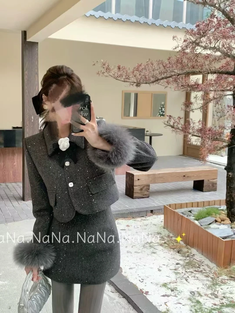 烫宝 山茶花小香风设计感毛毛袖子细闪套装（长459287/短459988）