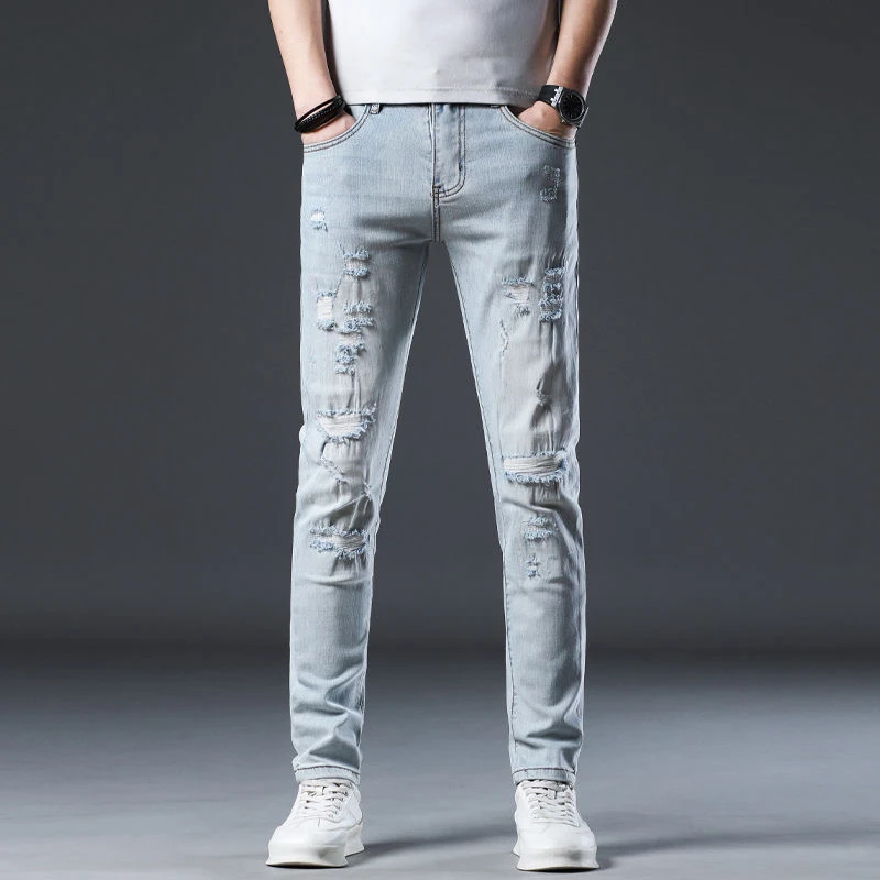 【轻奢高定】潮流个性819浅蓝破洞痞帅百搭修身小脚男长裤