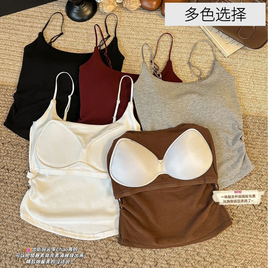秋冬打底吊带微磨毛内搭背心女带胸垫抽褶修身显瘦辣妹无袖上衣Z