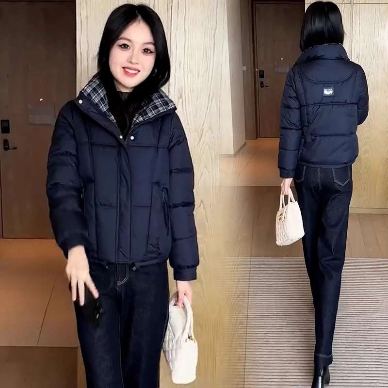 短款立领时髦棉服女冬季新款洋气显瘦保暖格子拼接棉衣棉袄外套潮