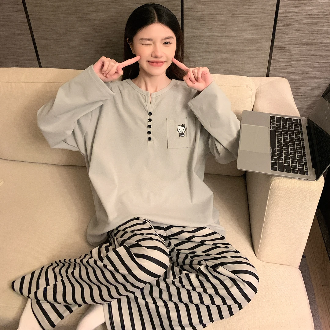 睡衣女春秋季德绒长袖2025新款大码保暖可外穿灰色kt猫套装家居服