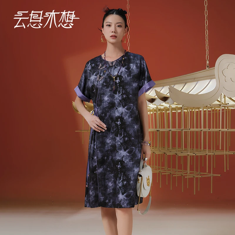 Ysimo-X云思木想 紫蝶云纱 绣花钉珠鎏金香云纱桑蚕丝连衣裙13303