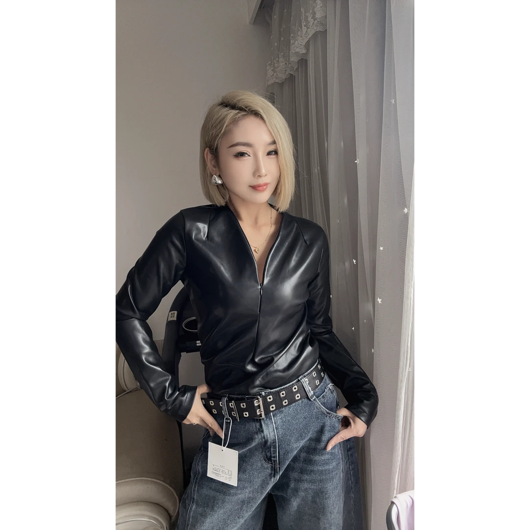 欧货水洗蛋白皮拉链款V领皮衬衫