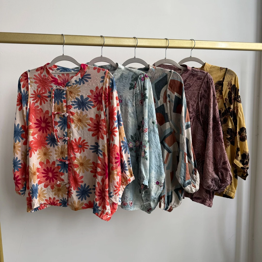 B4101 水墨印花文艺风柔软舒适棉麻宽松版蝙蝠袖7分袖衬衫