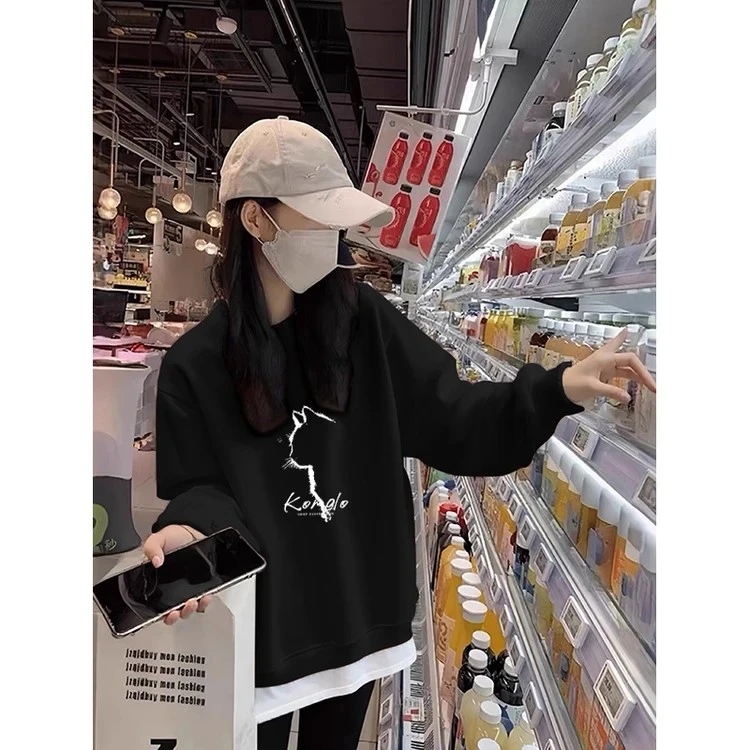 假两件圆领卫衣女小众设计感秋冬季2026新款韩系慵懒中长款厚上衣