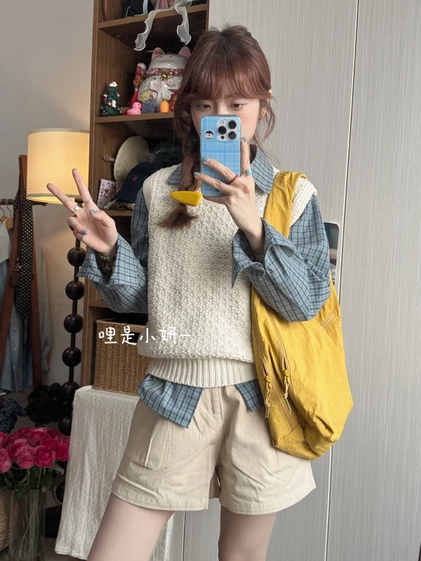 【清冷学姐】i人穿搭！马甲好伴侣！低调蓝绿撞色格纹长袖衬衫