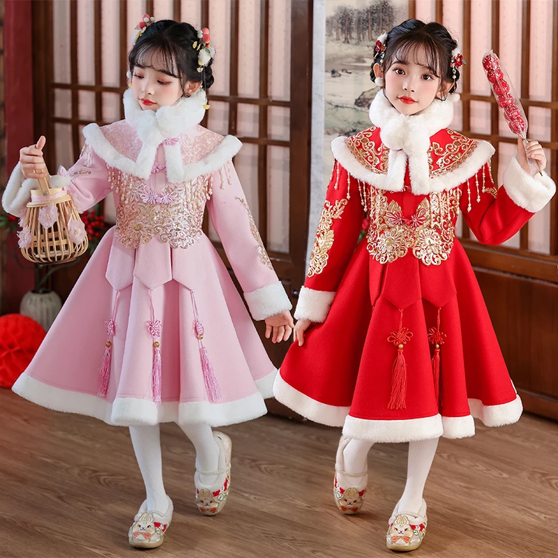 女童秋冬拜年服复古中国风唐装女宝宝加绒保暖洋气过年喜庆连衣裙