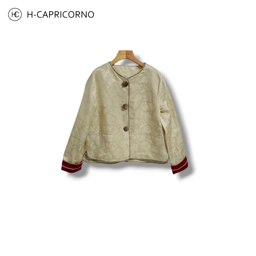 H-CAPRICORNO都市田园气质麻金菊提花新中式订三朵立朵上衣外套