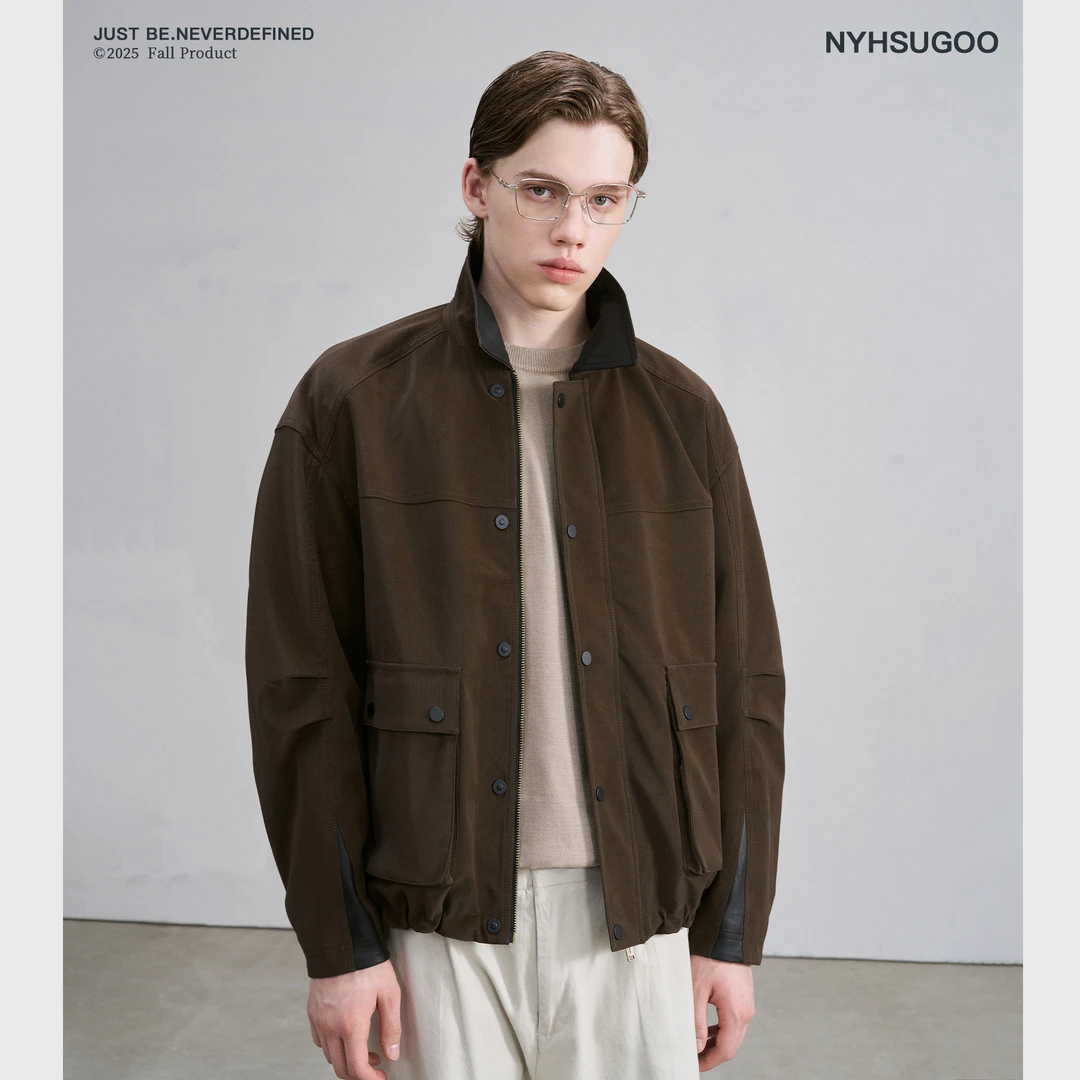 NYHSUGOO/南乙领口袖口绵羊植绒皮撞色秋季男士夹克3788复古外套