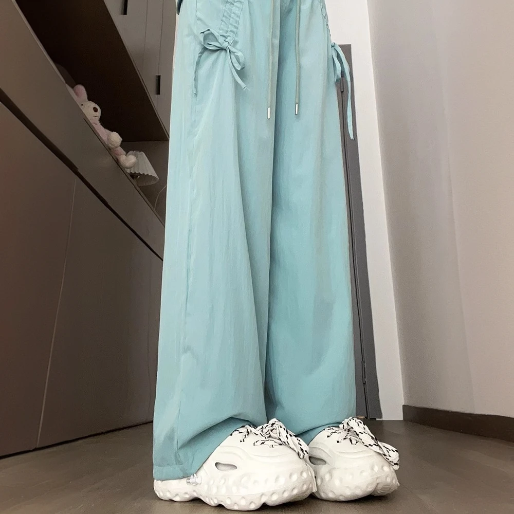 薄荷曼波蝴蝶结工装裤女夏2025新款高腰阔腿抽绳设计感速干运动裤