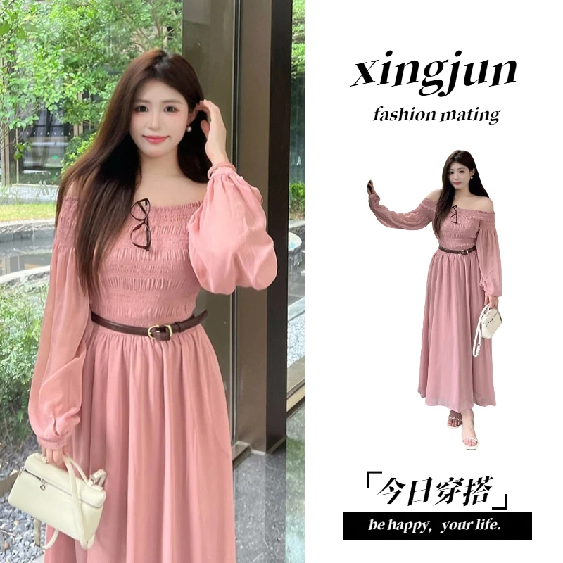 【星君】胖mm秋季新款一字领长袖连衣裙女温柔风收腰显瘦网纱粉色长
