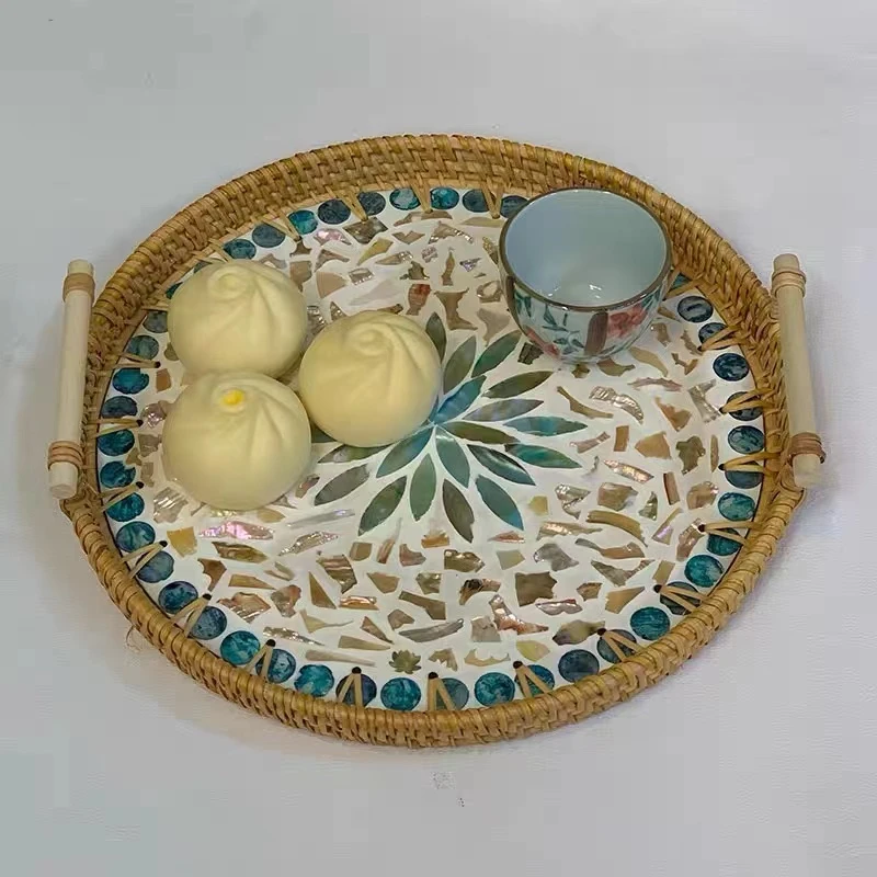 TB078藤编贝壳蓝莲花双耳提手托盘水果盘尺寸：30CM