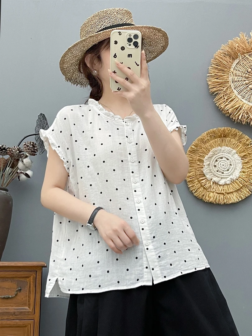 纯棉棉纱女气质文艺印花飞飞袖上衣女士休闲宽松衬衫-66251