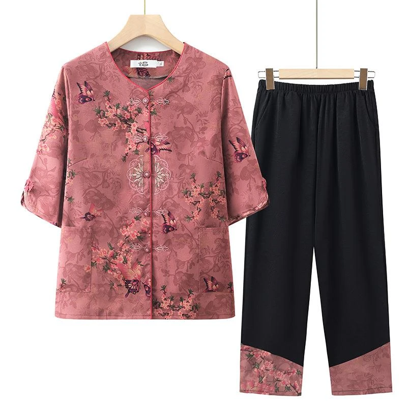 妈妈装奶奶中袖套装中老年人夏装女妈妈夏季开衫唐装衬衣两件套太