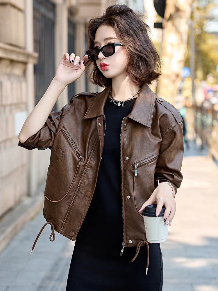 2025爆款棕色皮衣高腰短款小个子女士时尚洋气百搭复古皮夹克外套
