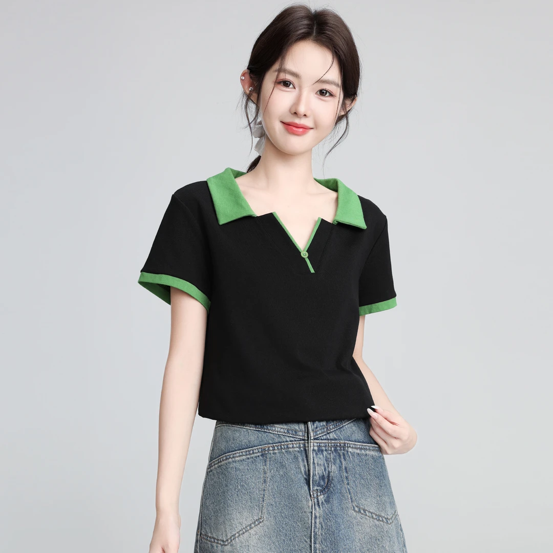 黑色V领短袖T恤女夏2025夏季新款撞色翻领正肩体恤小个子宽松上衣