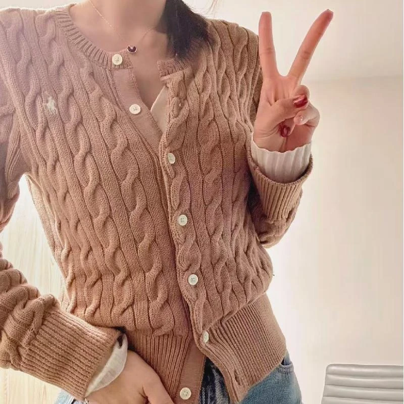 Ralph Lauren/拉夫劳伦纯色Logo刺绣圆领单排扣长袖针织衫 女款