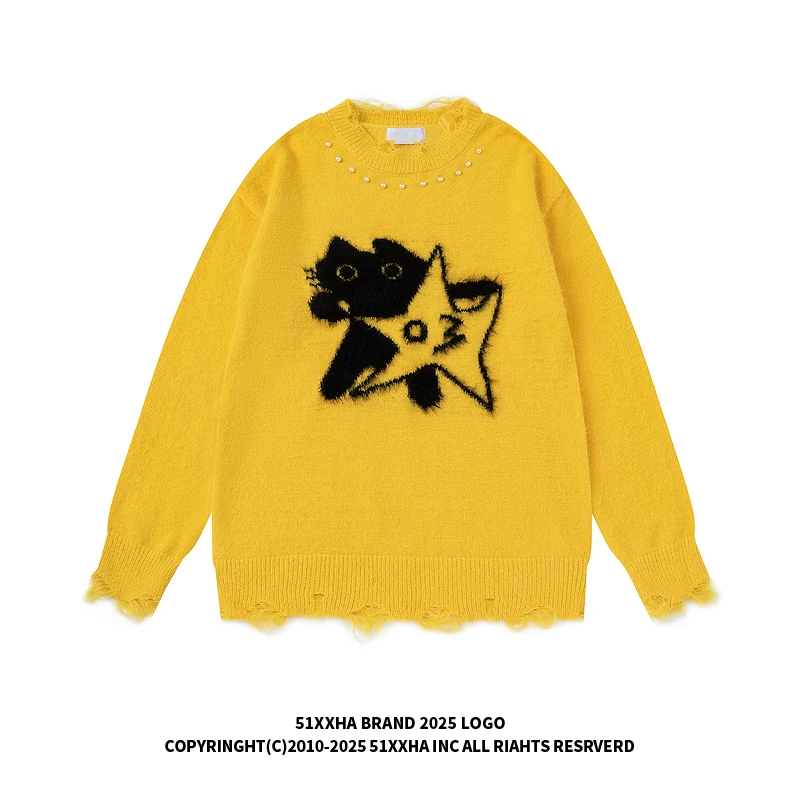 51嘻哈欧美古着小猫提花钉珠设计感破洞针织衫男潮牌复古宽松毛衣