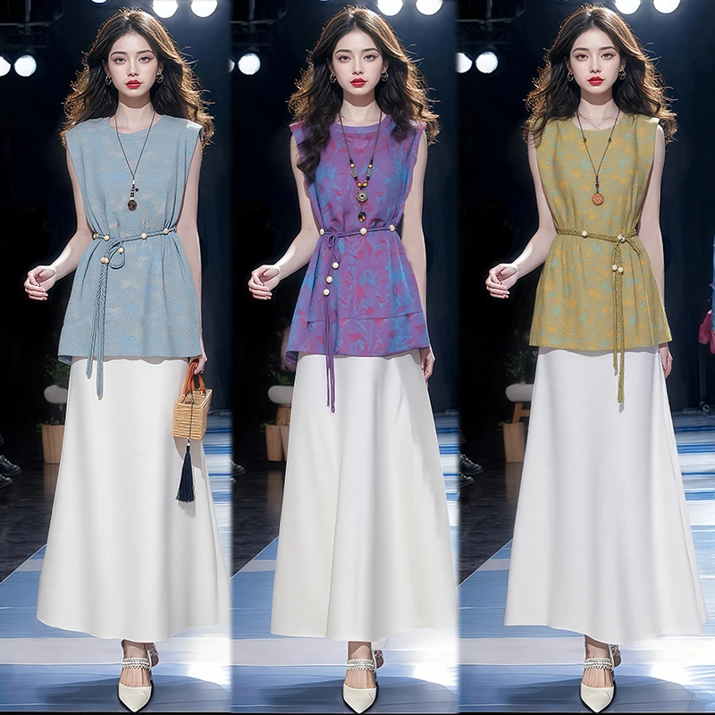 新中式连衣裙套装女2025夏季新款洋气提花马甲背心半身裙两件套潮