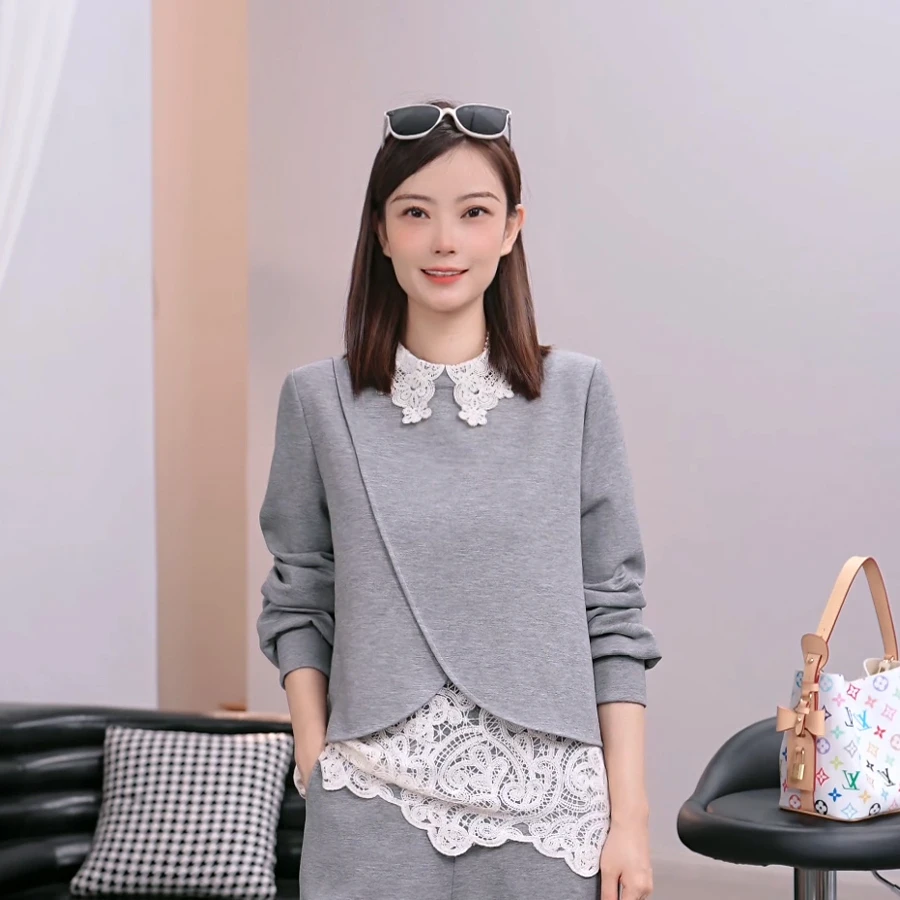 【真两件套】2025秋季新款重工蕾丝拼接卫衣+长裤两件套百搭套装